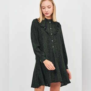 ZARA Green Animal Print Ruffle Collar Long Sleeve Dress Cottagecore Feminine